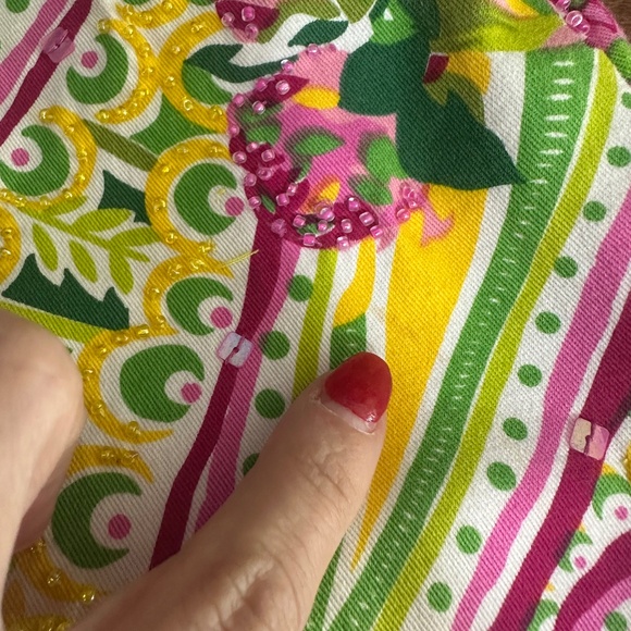 Vtg Pink & Green Fairy Core Preppy Patchwork Beaded Sequin Knee Length Skirt - Picture 8 of 9